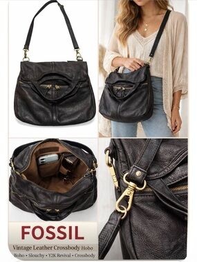 Fossil Vintage Black Leather Crossbody Hobo Bag Slouchy Boho Gold Hardware